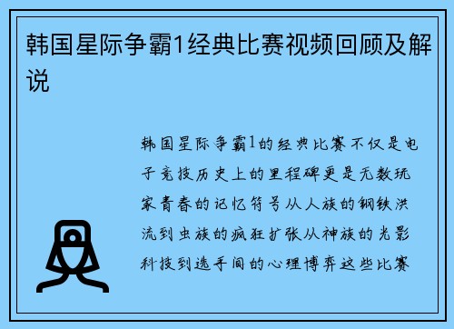 韩国星际争霸1经典比赛视频回顾及解说