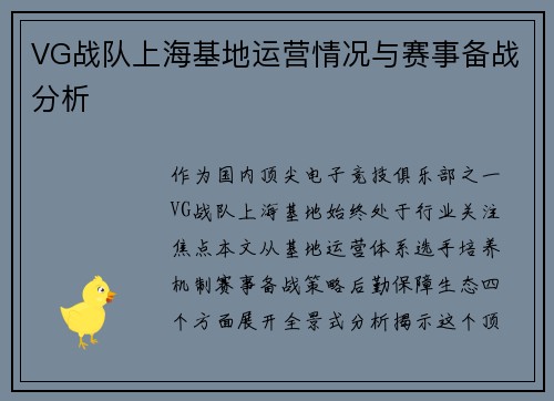 VG战队上海基地运营情况与赛事备战分析