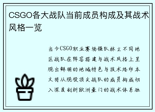 CSGO各大战队当前成员构成及其战术风格一览