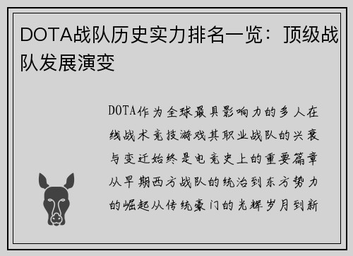 DOTA战队历史实力排名一览：顶级战队发展演变